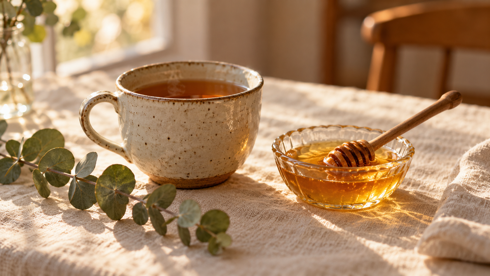 Illustrative still life: cup of tea beside honey and eucalyptus on linen