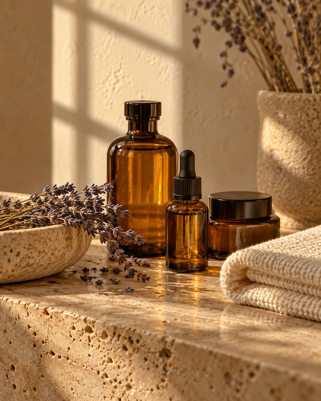 Illustrative still life: amber bottles, folded towel, and lavender on stone